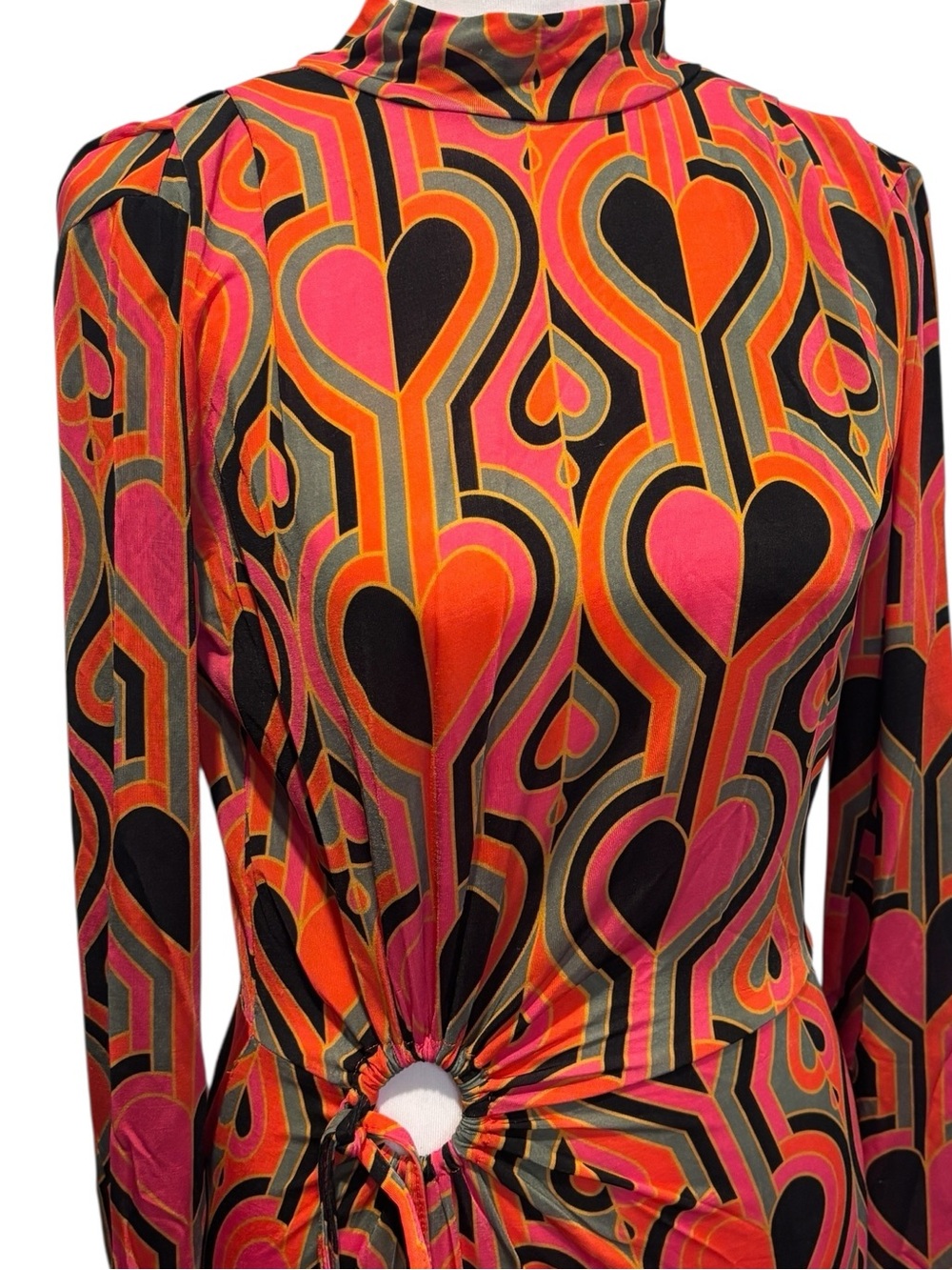 NWT FARM Rio Hearts Multicolor Long Sleeve Maxi Dress Small Cutout Ring Dress